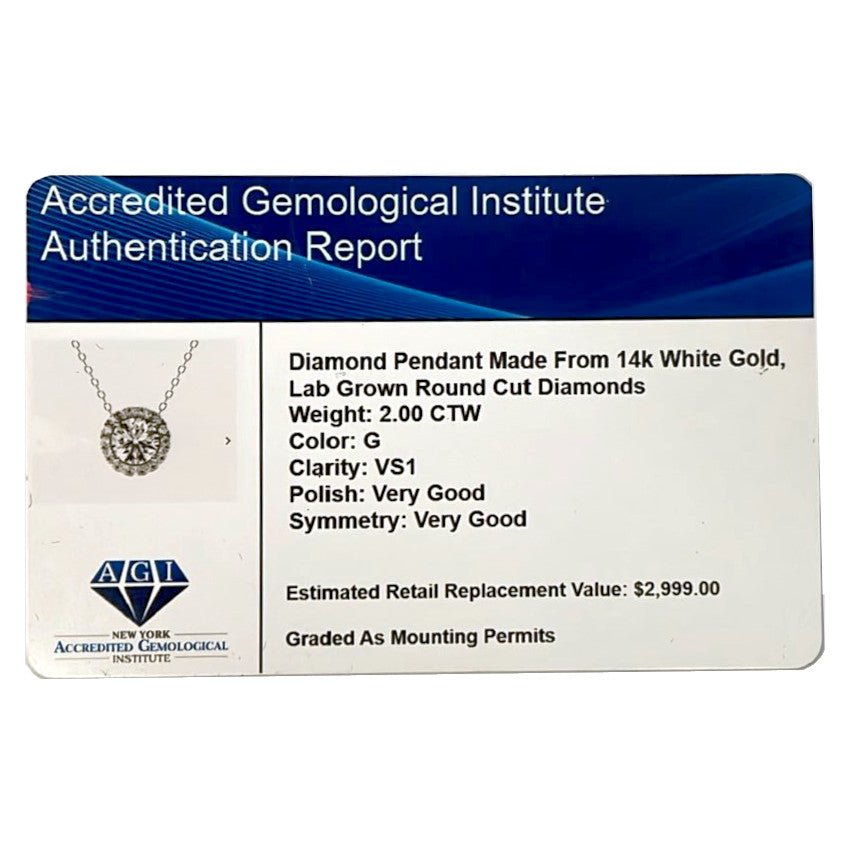 2.00 CTW AGI Certified Lab - Grown Diamond Halo Pendant Necklace in 14kt White Gold - Health & Longevity Life