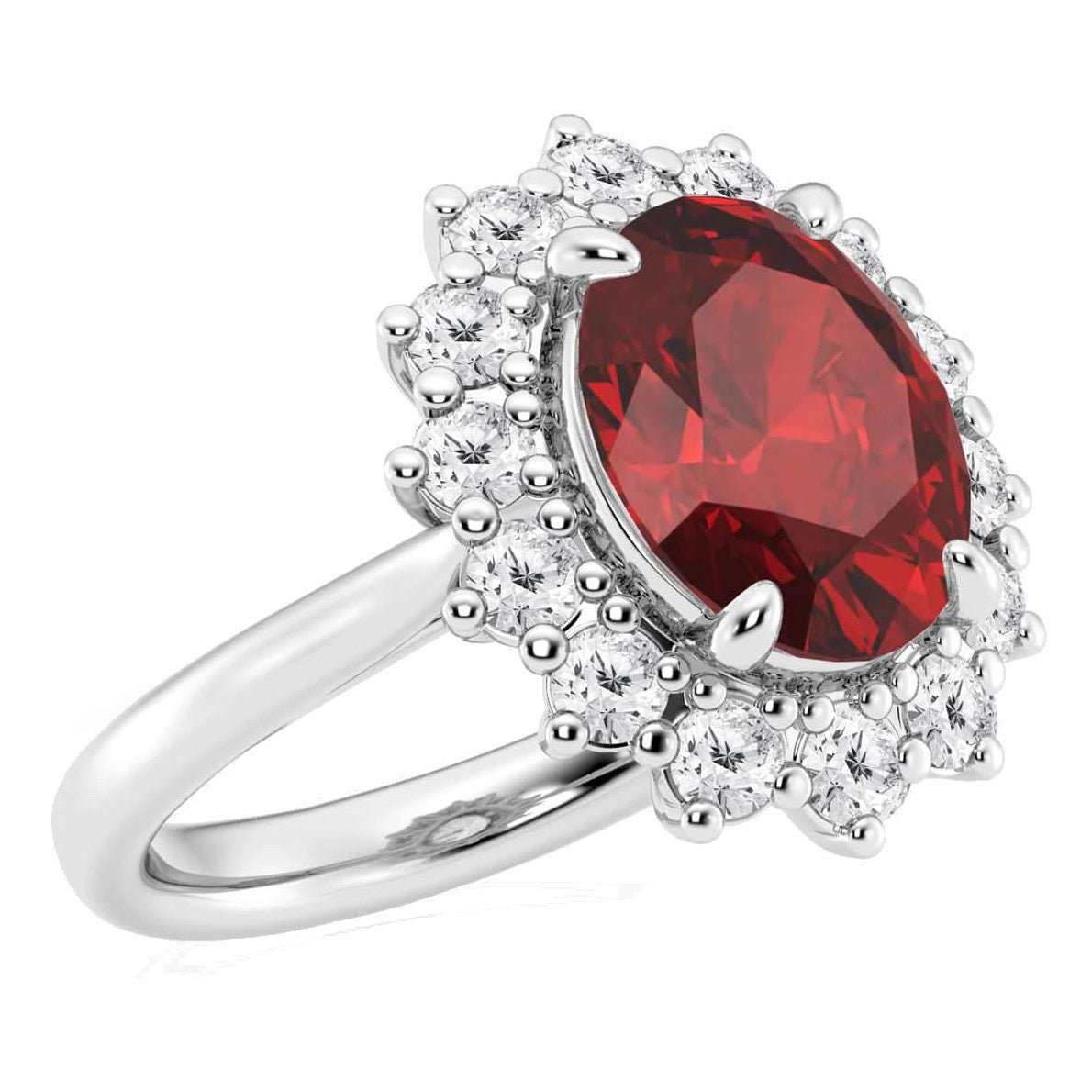 AGI Certified 3CTW Oval Lab Ruby Princess Diana Ring With Lab Diamond Halo in Choice of 14K White or Yellow Gold - 9x7mm - Health & Longevity Life