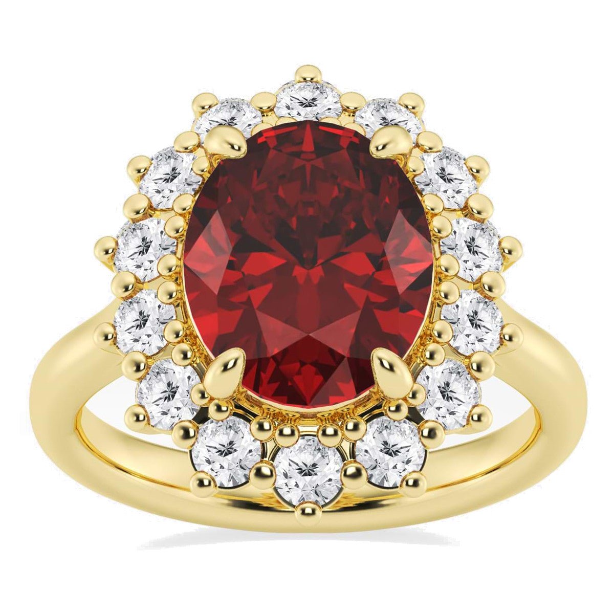 AGI Certified 3CTW Oval Lab Ruby Princess Diana Ring With Lab Diamond Halo in Choice of 14K White or Yellow Gold - 9x7mm - Health & Longevity Life