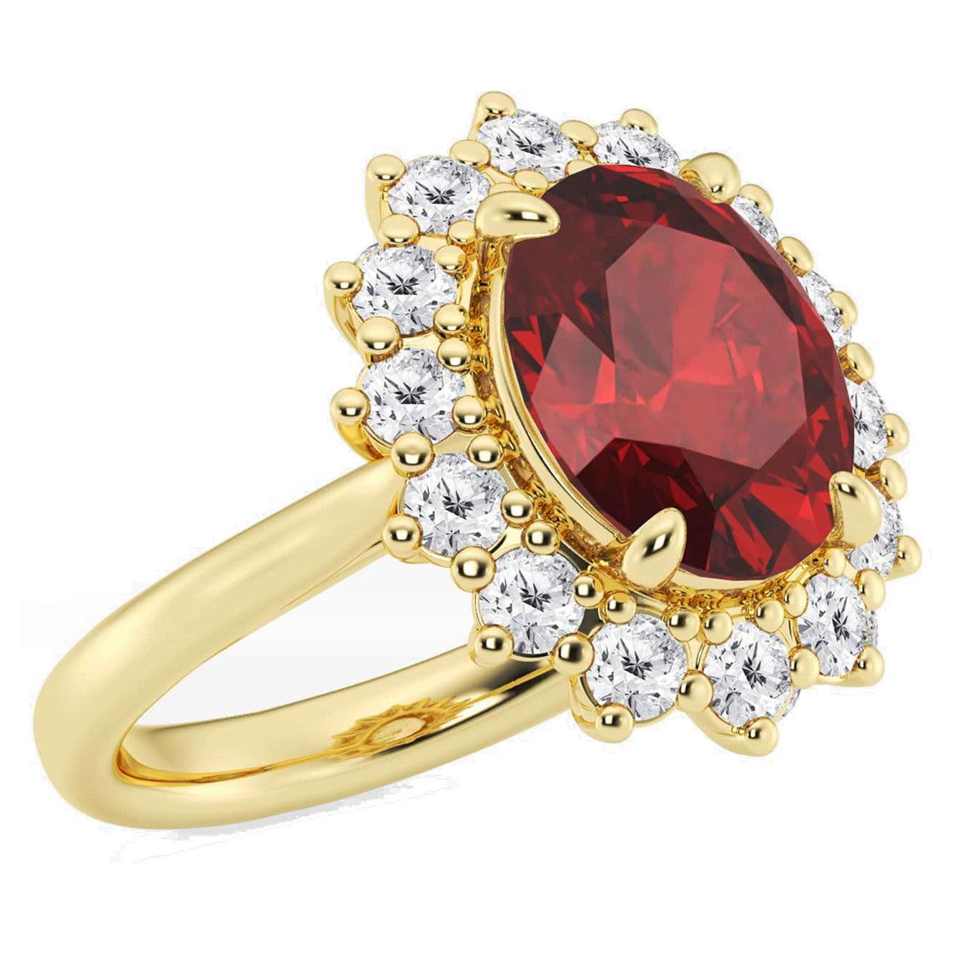 AGI Certified 3CTW Oval Lab Ruby Princess Diana Ring With Lab Diamond Halo in Choice of 14K White or Yellow Gold - 9x7mm - Health & Longevity Life