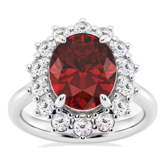 AGI Certified 3CTW Oval Lab Ruby Princess Diana Ring With Lab Diamond Halo in Choice of 14K White or Yellow Gold - 9x7mm - Health & Longevity Life