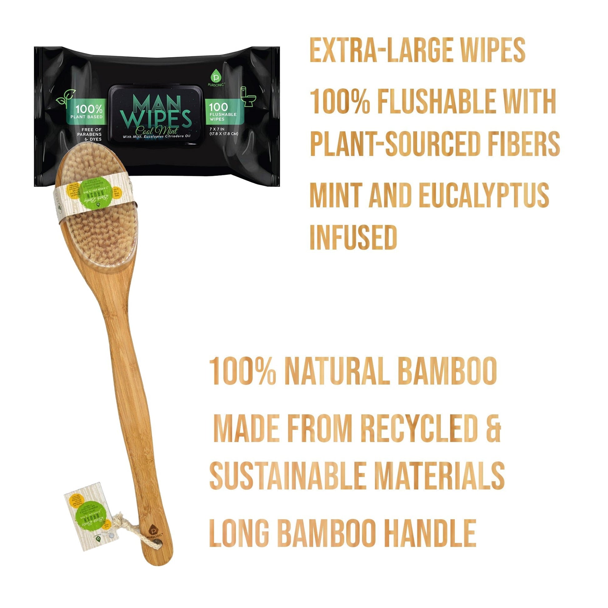 Clean & Refresh Bundle: 1200 Flushable Man Wipes (Mint Scented) - 12 Pack + Bath Body Brush With Long Bamboo Handle - Health & Longevity Life