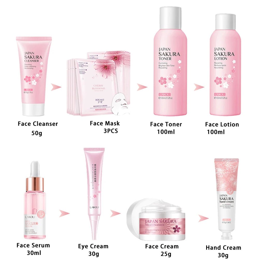 Facial Products Kit Sakura Skin Care Set Facial Cleanser Face Cream Fade Dark Circles Eye Cream Korean Skincare Products - Health & Longevity Life