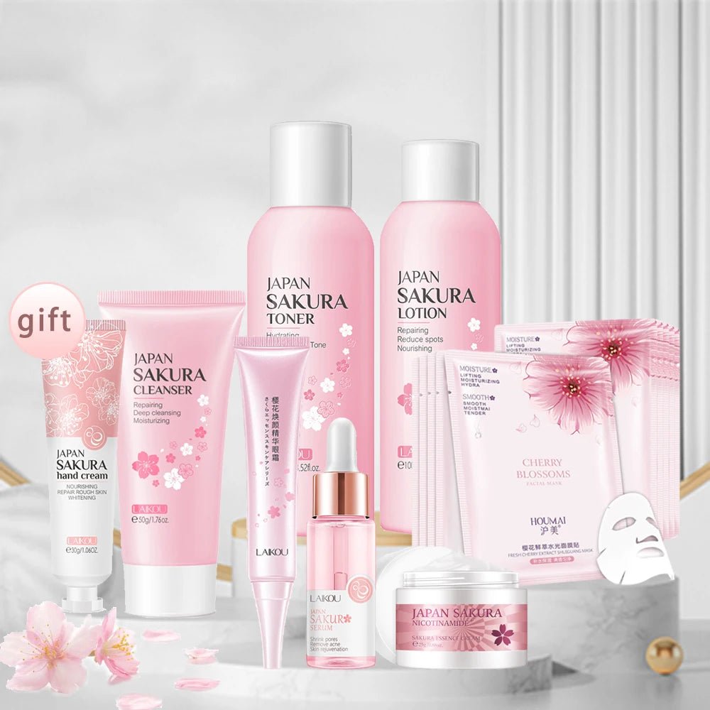 Facial Products Kit Sakura Skin Care Set Facial Cleanser Face Cream Fade Dark Circles Eye Cream Korean Skincare Products - Health & Longevity Life
