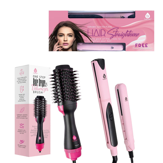 Hair Styling Power Bundle: One Step Hair Dryer & Volumizer Brush + Professional Salon Quality Flat Iron Hair Straightener With Free Travel Straightener - Health & Longevity Life