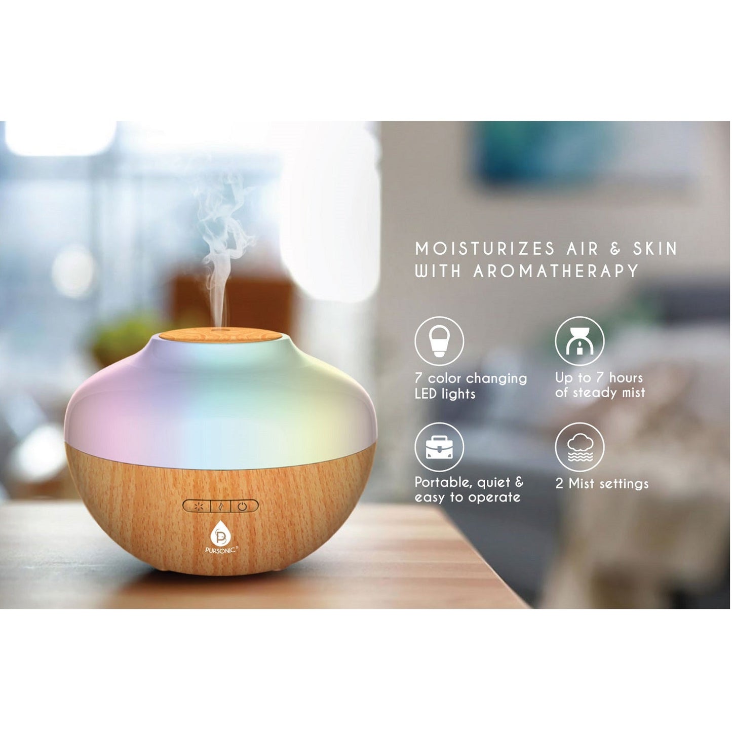 Pursonic Aromatherapy Diffuser & Essential Oil Set - Ultrasonic Top 3 Oils - 300ml with 2 Mist Settings 7 Ambient Light Settings - Health & Longevity Life