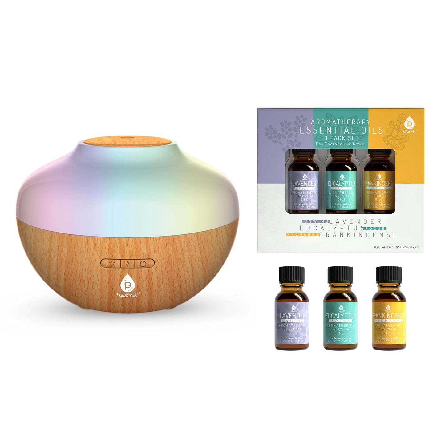 Pursonic Aromatherapy Diffuser & Essential Oil Set - Ultrasonic Top 3 Oils - 300ml with 2 Mist Settings 7 Ambient Light Settings - Health & Longevity Life
