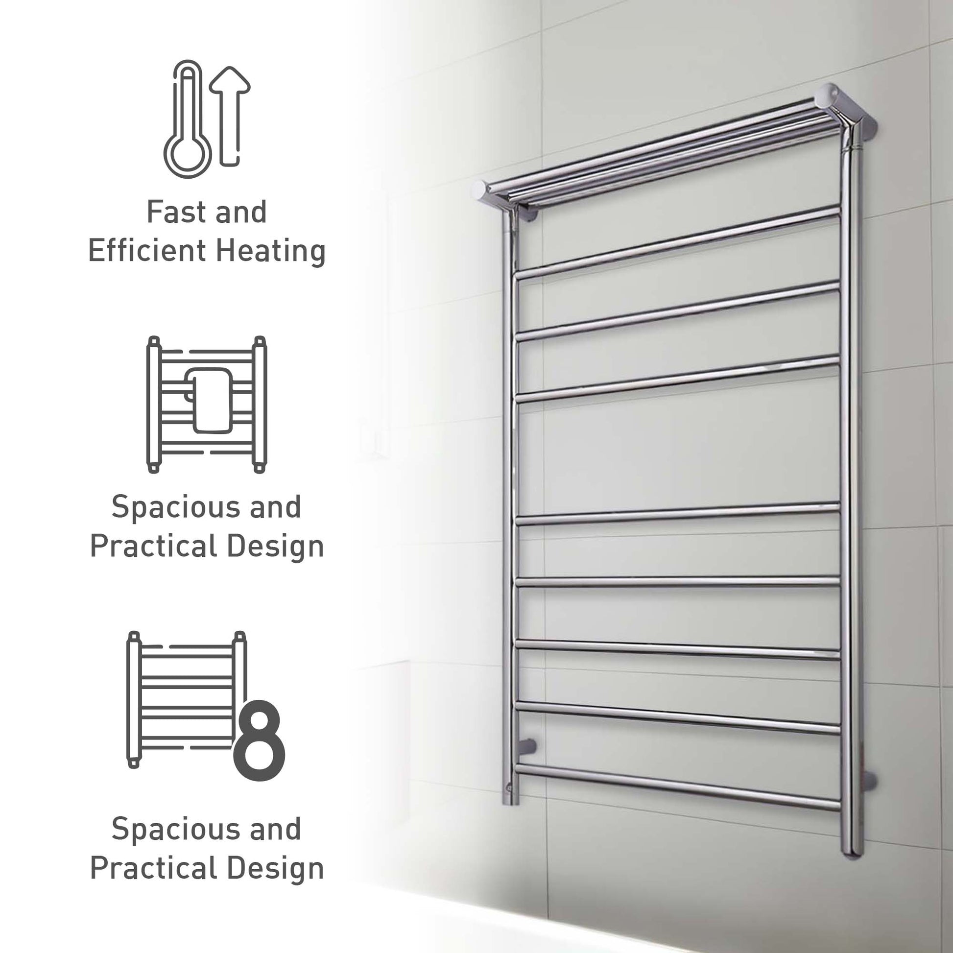 Pursonic Wall Mount Electric Towel Warmer with 8 Heated Bars Plus 3 Non - heated Bars - Health & Longevity Life