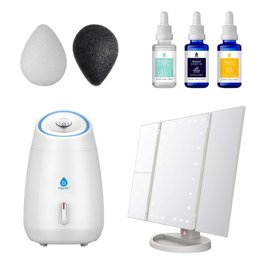 Ultimate Radiance Skincare & Beauty Bundle: Tri - Fold Vanity Mirror, Pursonic Facial Steamer, Anti - Aging Serum Set & Konjac Sponge Duo - Health & Longevity Life