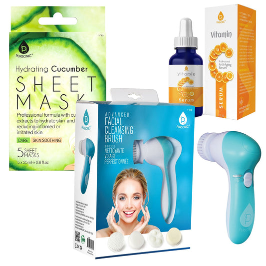 Ultimate Skincare Gift Bundle: Hydrating Cucumber Sheet Masks, Advanced Facial Cleansing Brush, Vitamin C Serum (3 fl. oz) - Health & Longevity Life